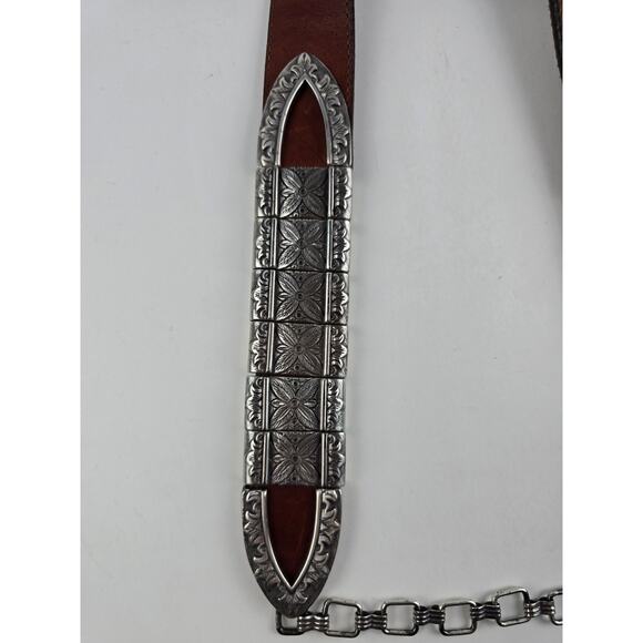 Vintage Brighton brown leather silver tone chain link flower belt 40\